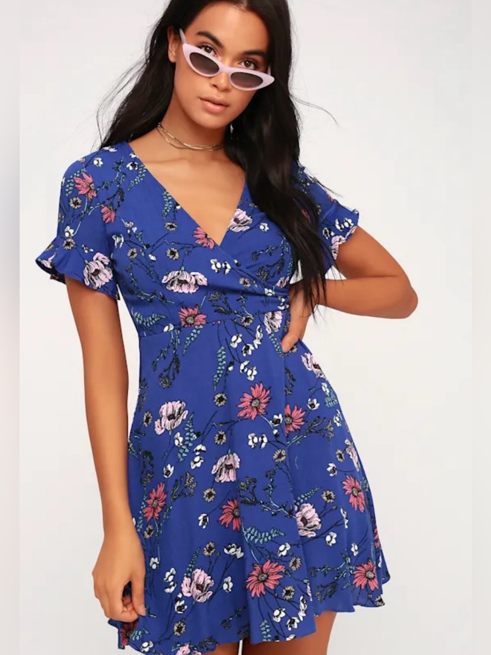 Lulus Botanical Bounty Blue Floral Print Skater Dress M